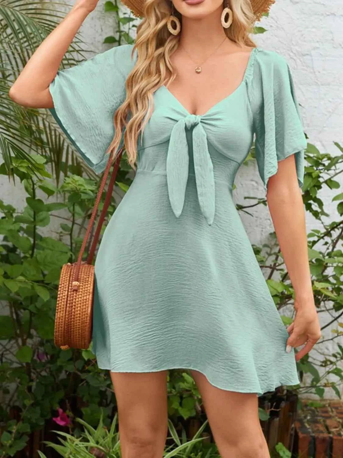 Smocked Back Knotted Flutter Sleeve Dress