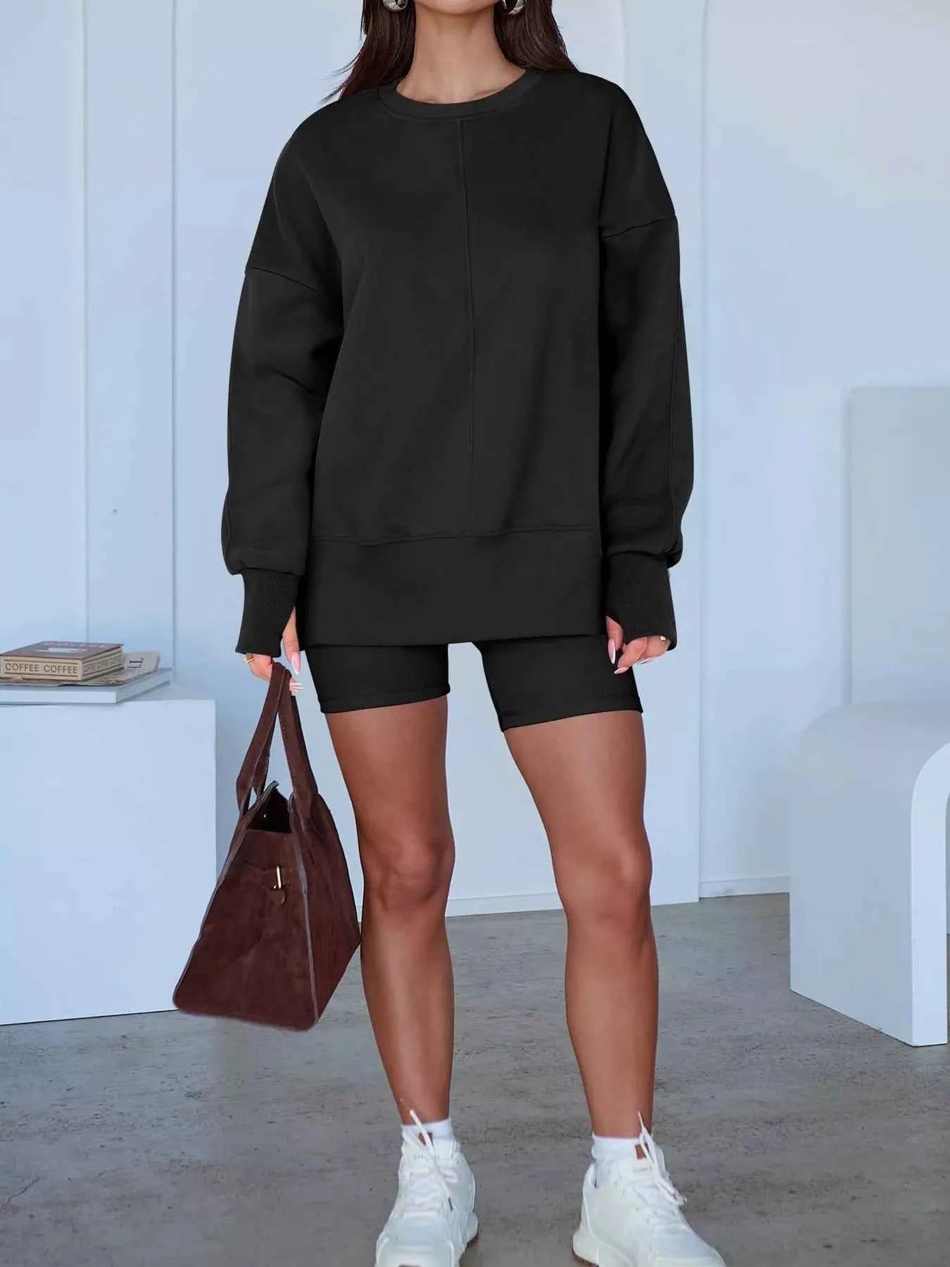 Side Slit Round Neck Long Sleeve Sweatshirt - Mr Lou’s Place