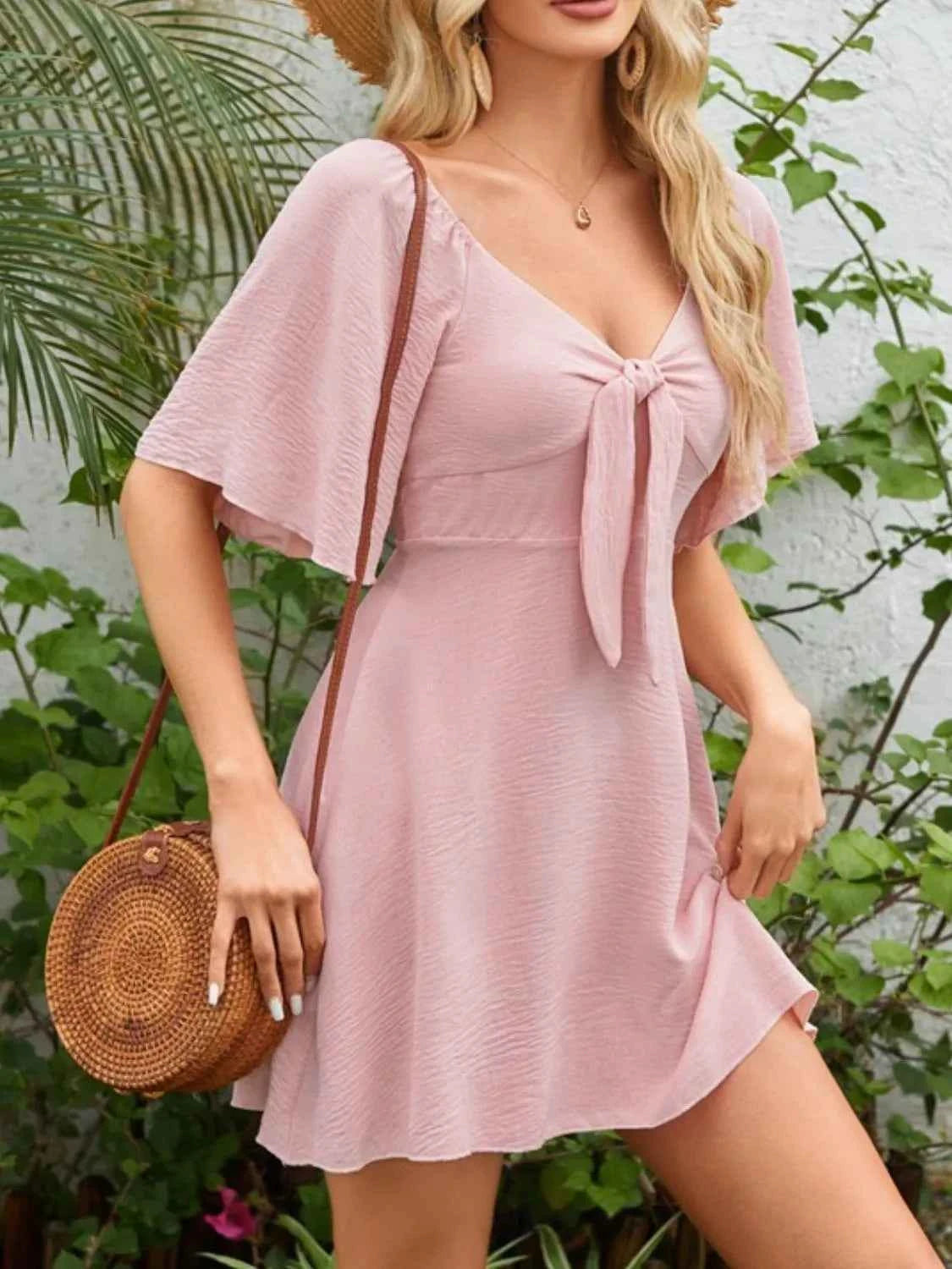 Smocked Back Knotted Flutter Sleeve Dress