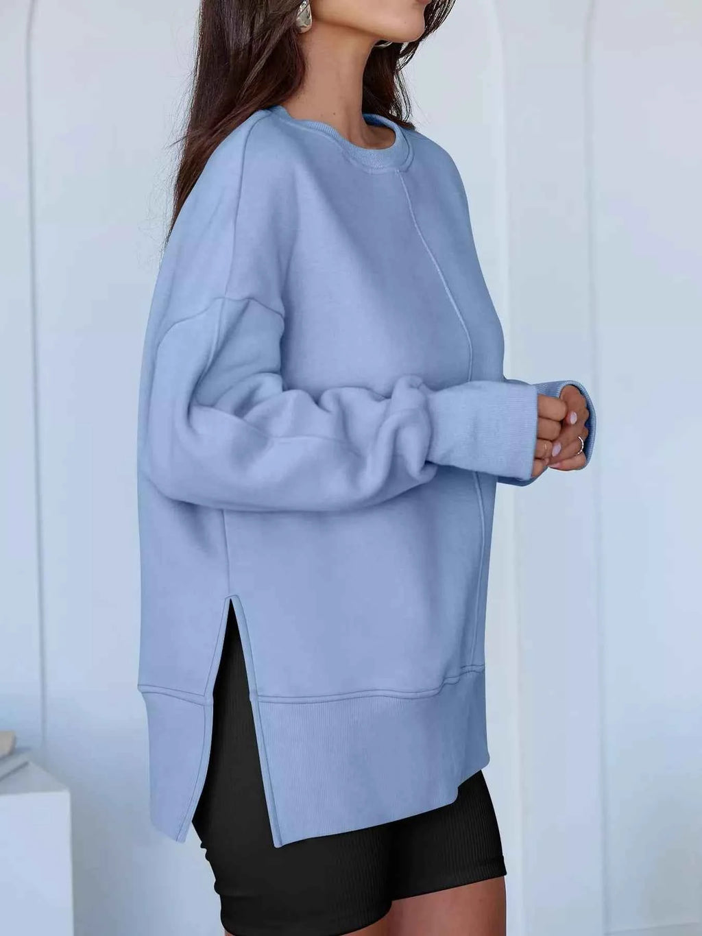 Side Slit Round Neck Long Sleeve Sweatshirt - Mr Lou’s Place