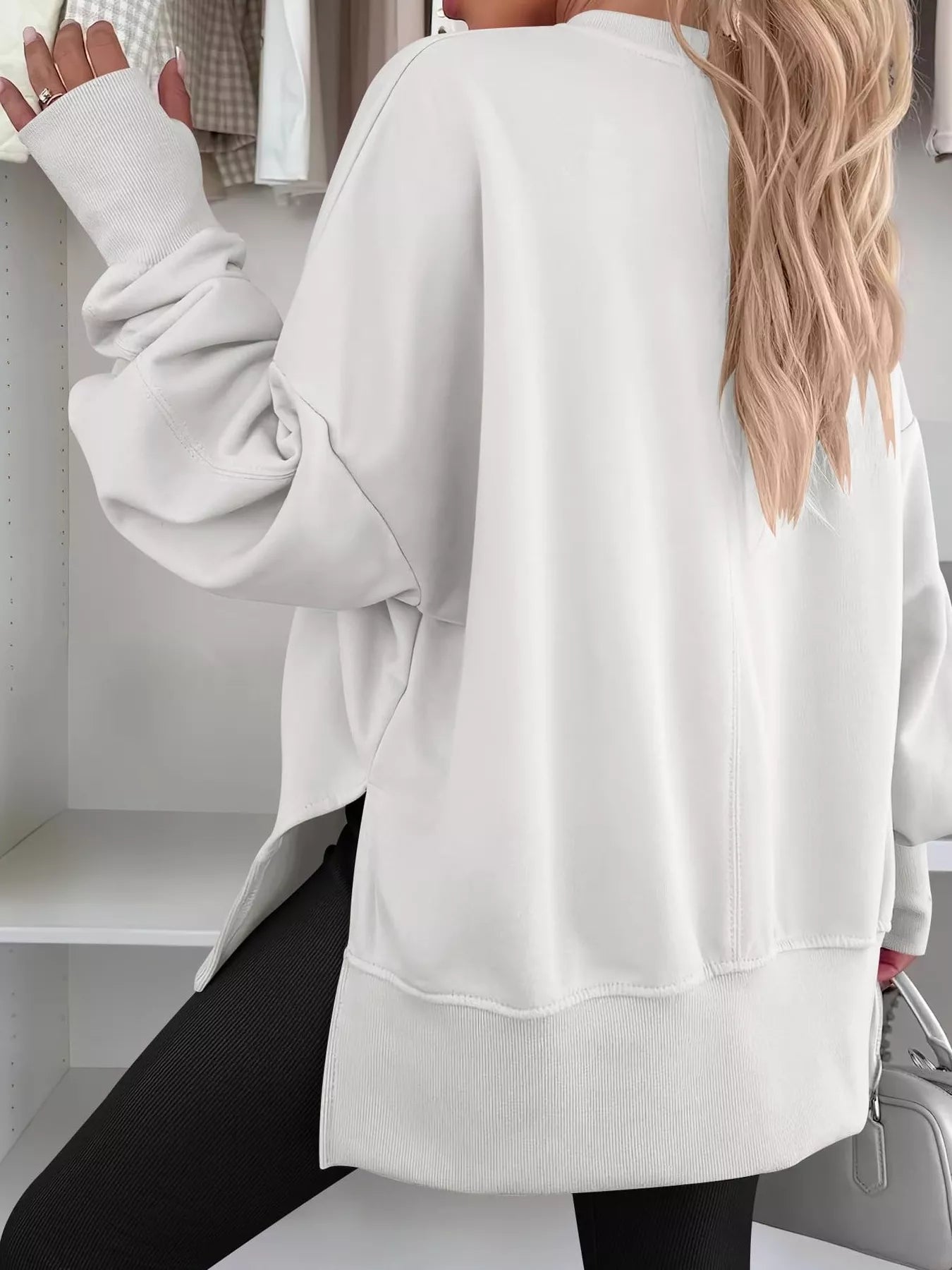 Side Slit Round Neck Long Sleeve Sweatshirt - Mr Lou’s Place