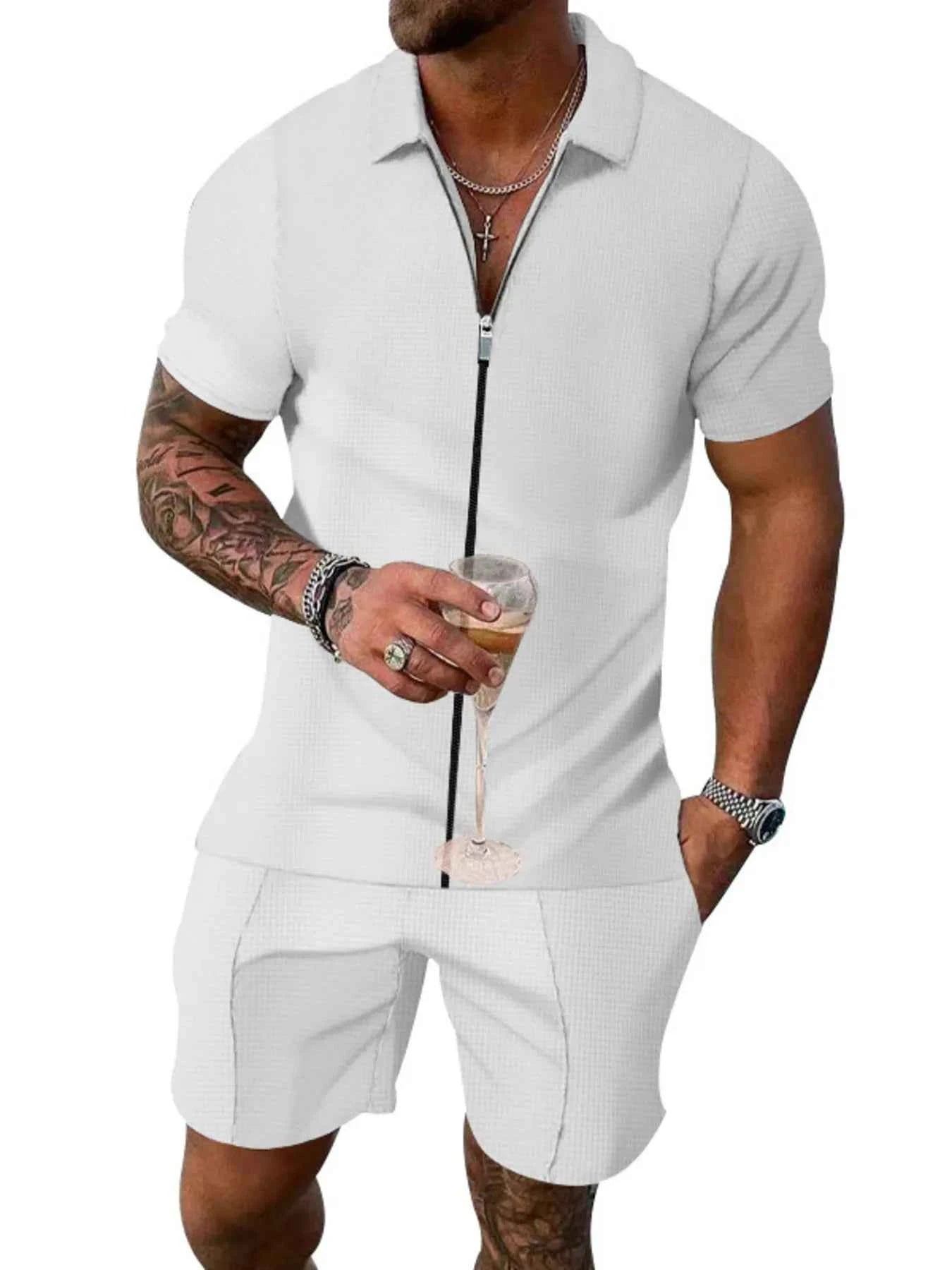 Men's Plus Size Zip Up Short Sleeve Top and Shorts Set - Mr Lou’s Place