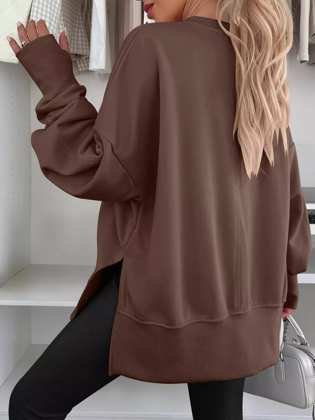 Side Slit Round Neck Long Sleeve Sweatshirt - Mr Lou’s Place