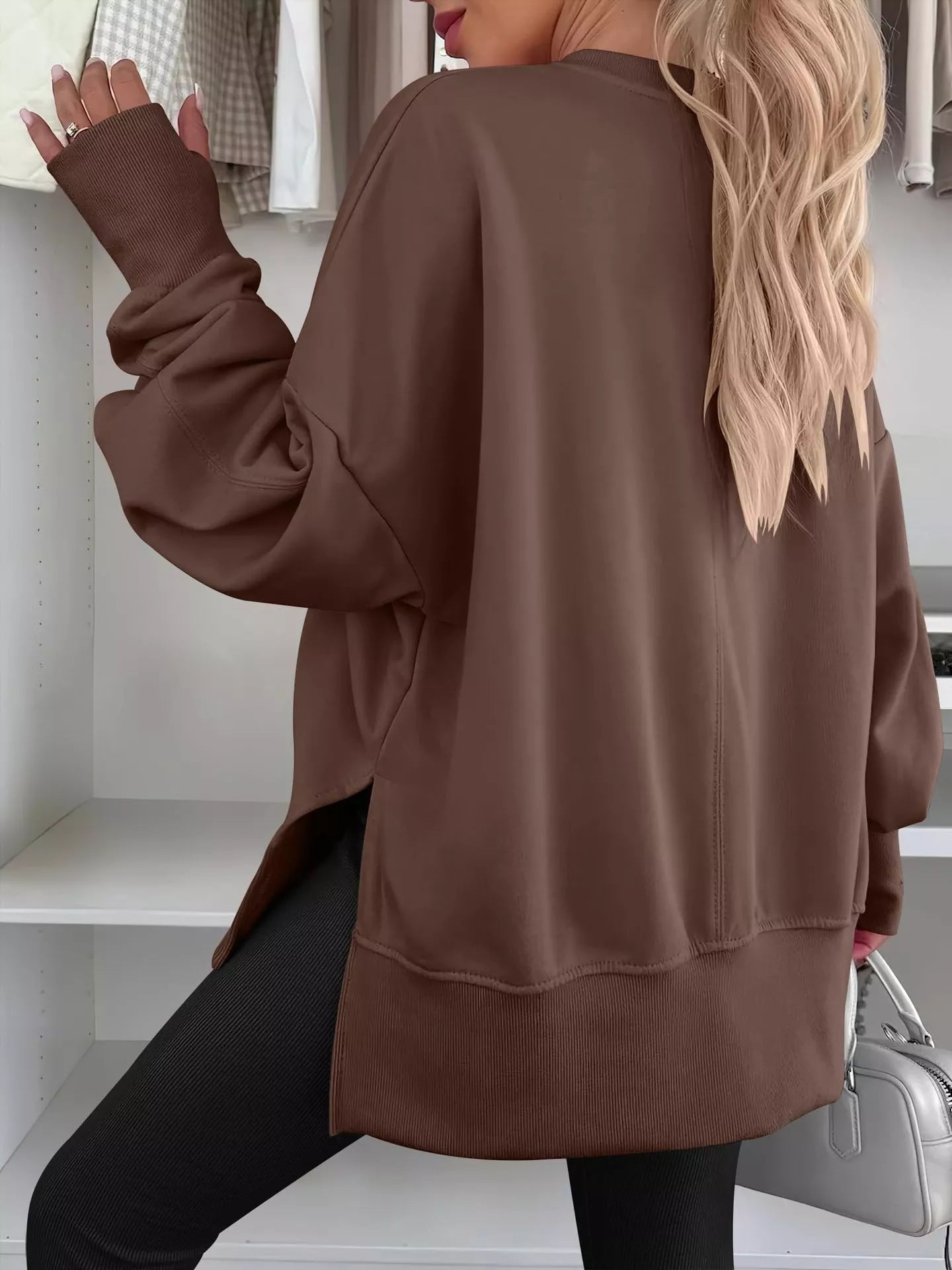 Side Slit Round Neck Long Sleeve Sweatshirt - Mr Lou’s Place