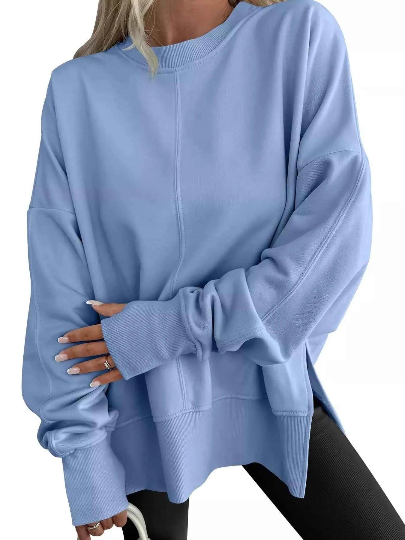 Side Slit Round Neck Long Sleeve Sweatshirt - Mr Lou’s Place