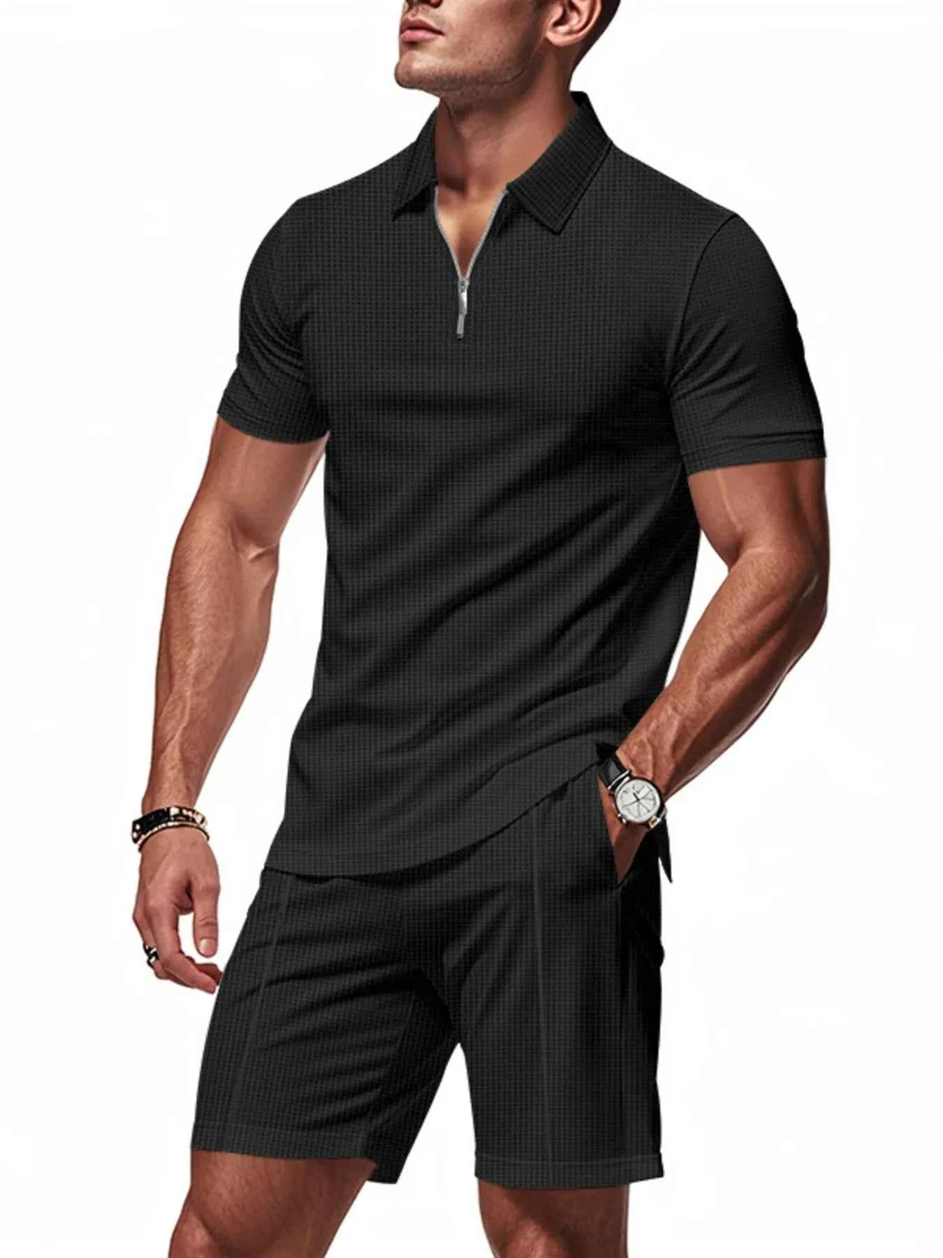 Men's Plus Size Quarter Zip Short Sleeve Top and Shorts Set - Mr Lou’s Place