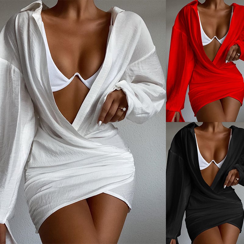 Deep V-neck Solid Color Long Sleeve Mini Dress Mr Lou’s Place
