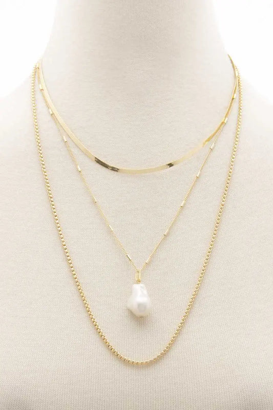 Pearl Herringbone Link Layered Necklace - Mr Lou’s Place