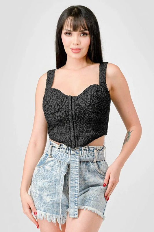 Crinkle Stretch Knit Sweetheart Hooked Bustier Cropped Top - Mr Lou’s Place