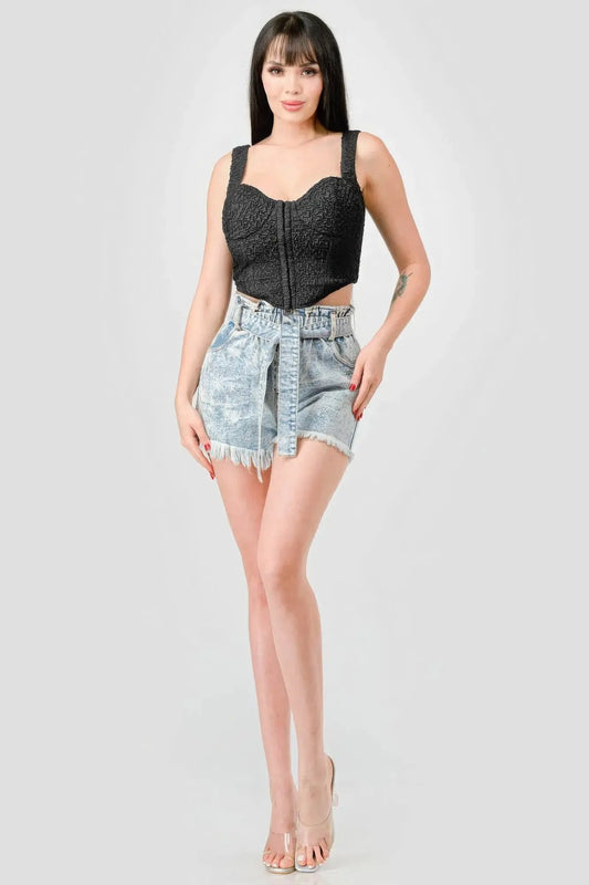 Crinkle Stretch Knit Sweetheart Hooked Bustier Cropped Top - Mr Lou’s Place
