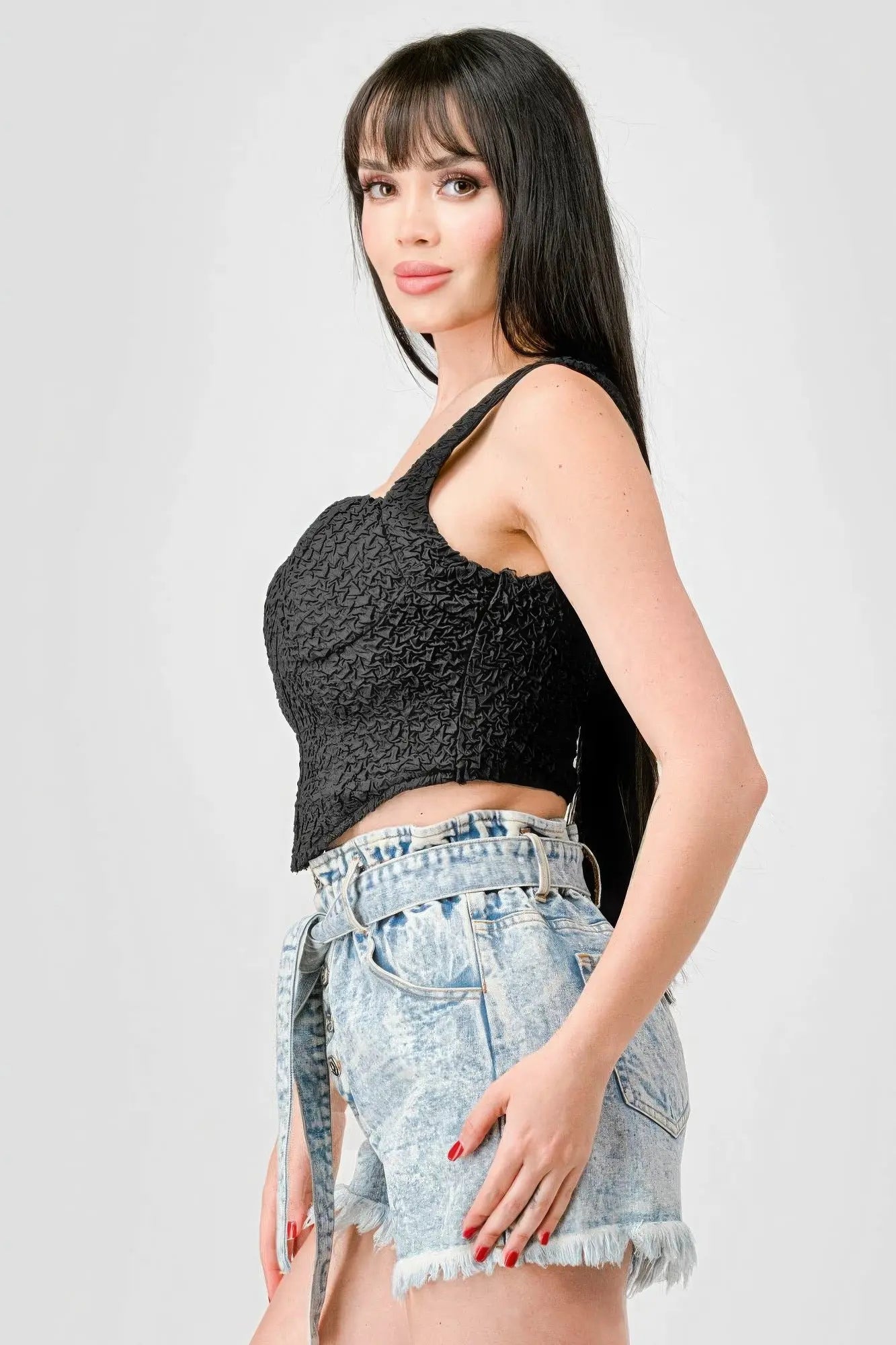 Crinkle Stretch Knit Sweetheart Hooked Bustier Cropped Top - Mr Lou’s Place