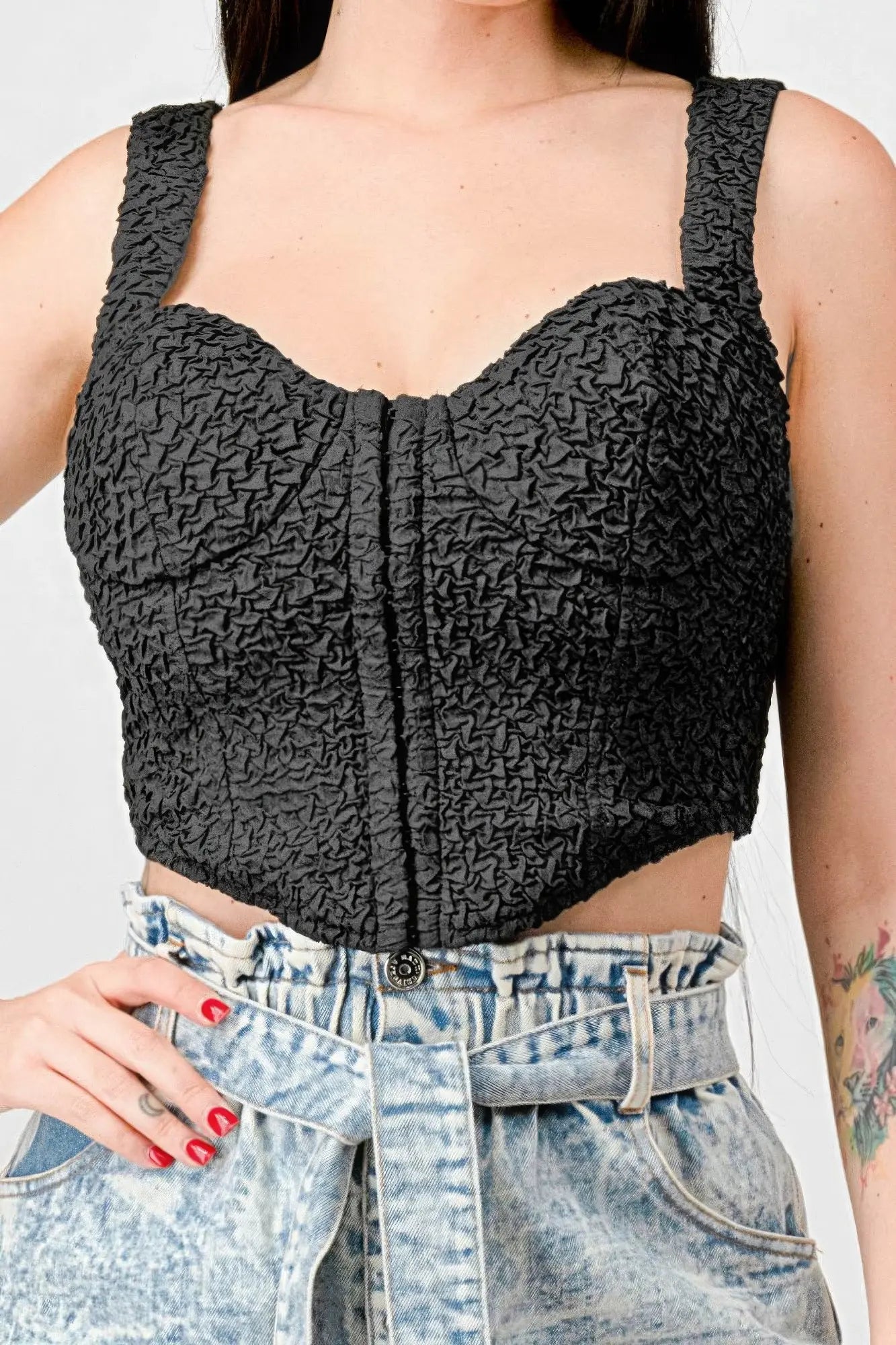 Crinkle Stretch Knit Sweetheart Hooked Bustier Cropped Top - Mr Lou’s Place