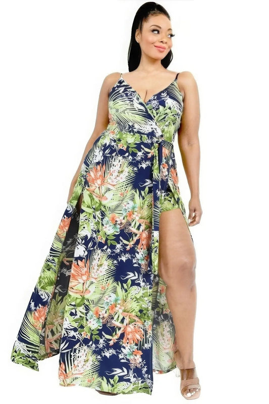 Plus Tropical Leaf Print Surplice Maxi Dress - Mr Lou’s Place