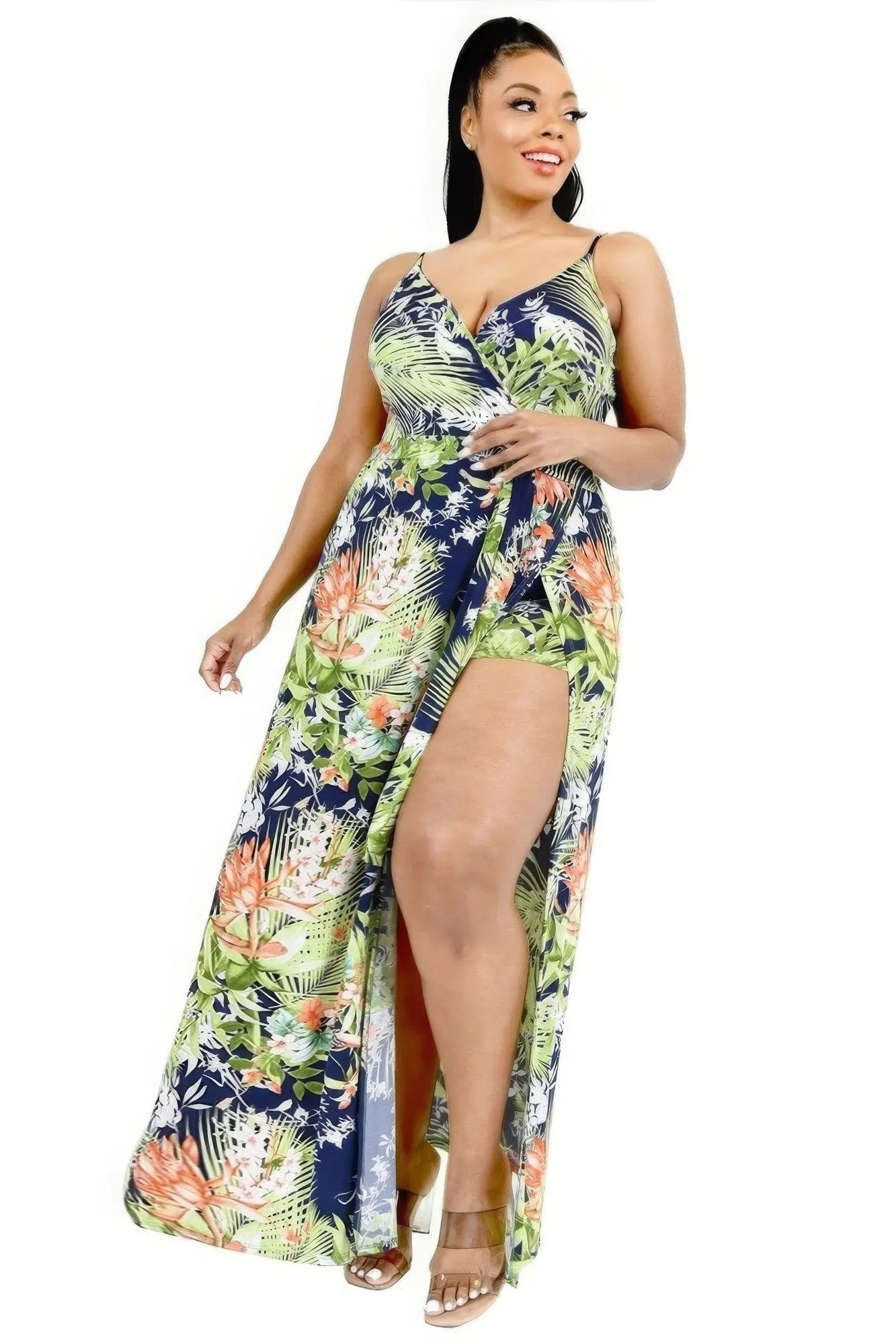 Plus Tropical Leaf Print Surplice Maxi Dress - Mr Lou’s Place