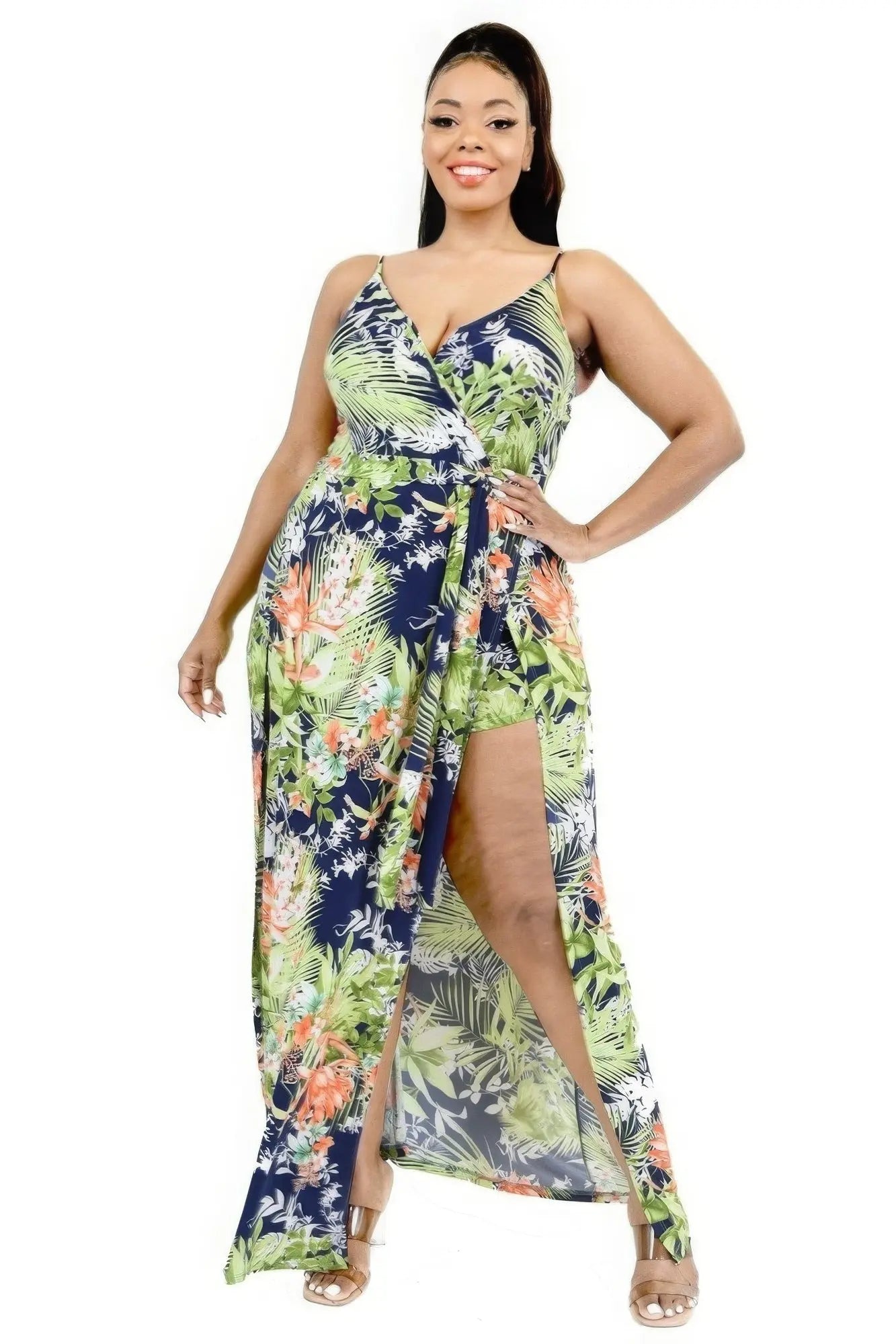 Plus Tropical Leaf Print Surplice Maxi Dress - Mr Lou’s Place