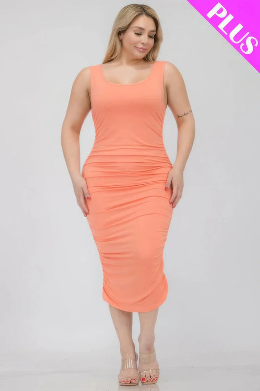 Plus Size Square Neck Ruched Bodycon Midi Dress - Mr Lou’s Place