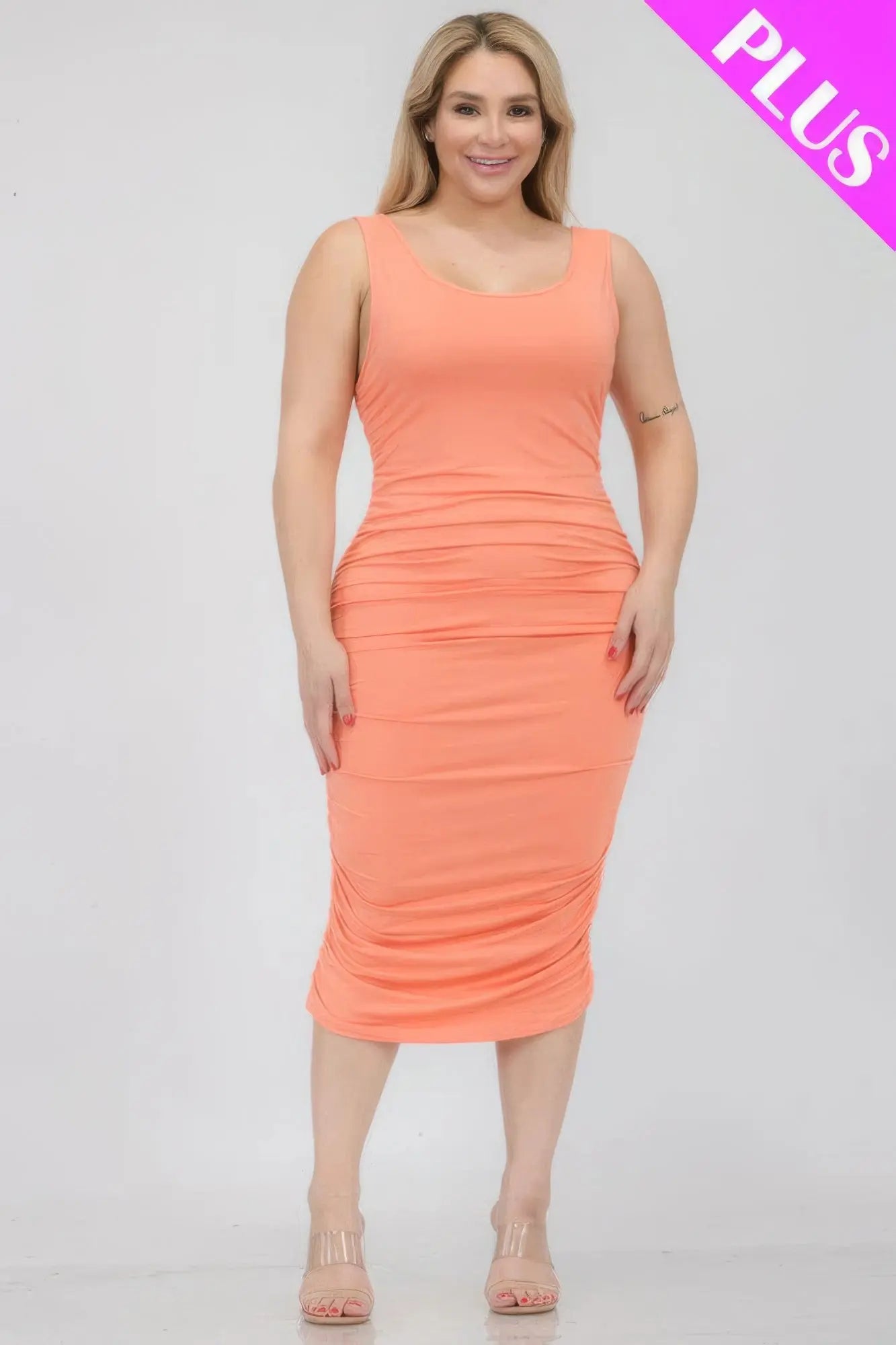 Plus Size Square Neck Ruched Bodycon Midi Dress - Mr Lou’s Place