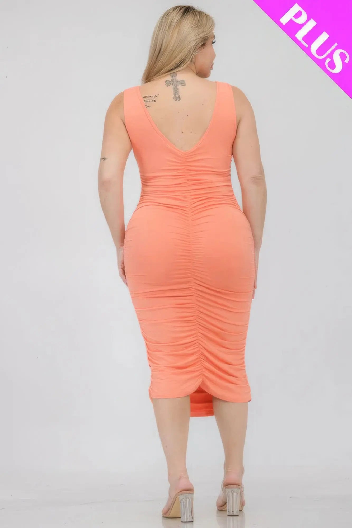 Plus Size Square Neck Ruched Bodycon Midi Dress - Mr Lou’s Place
