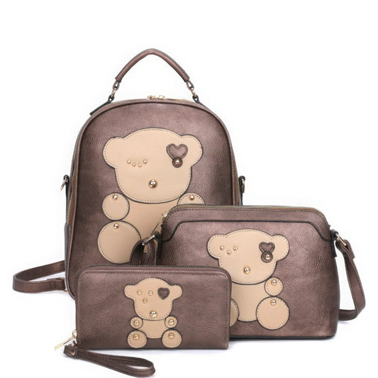 3in1 Cute Bear Design Handle Backpack W Crossbody And Wallet Set - Mr Lou’s Place