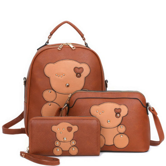 3in1 Cute Bear Design Handle Backpack W Crossbody And Wallet Set - Mr Lou’s Place