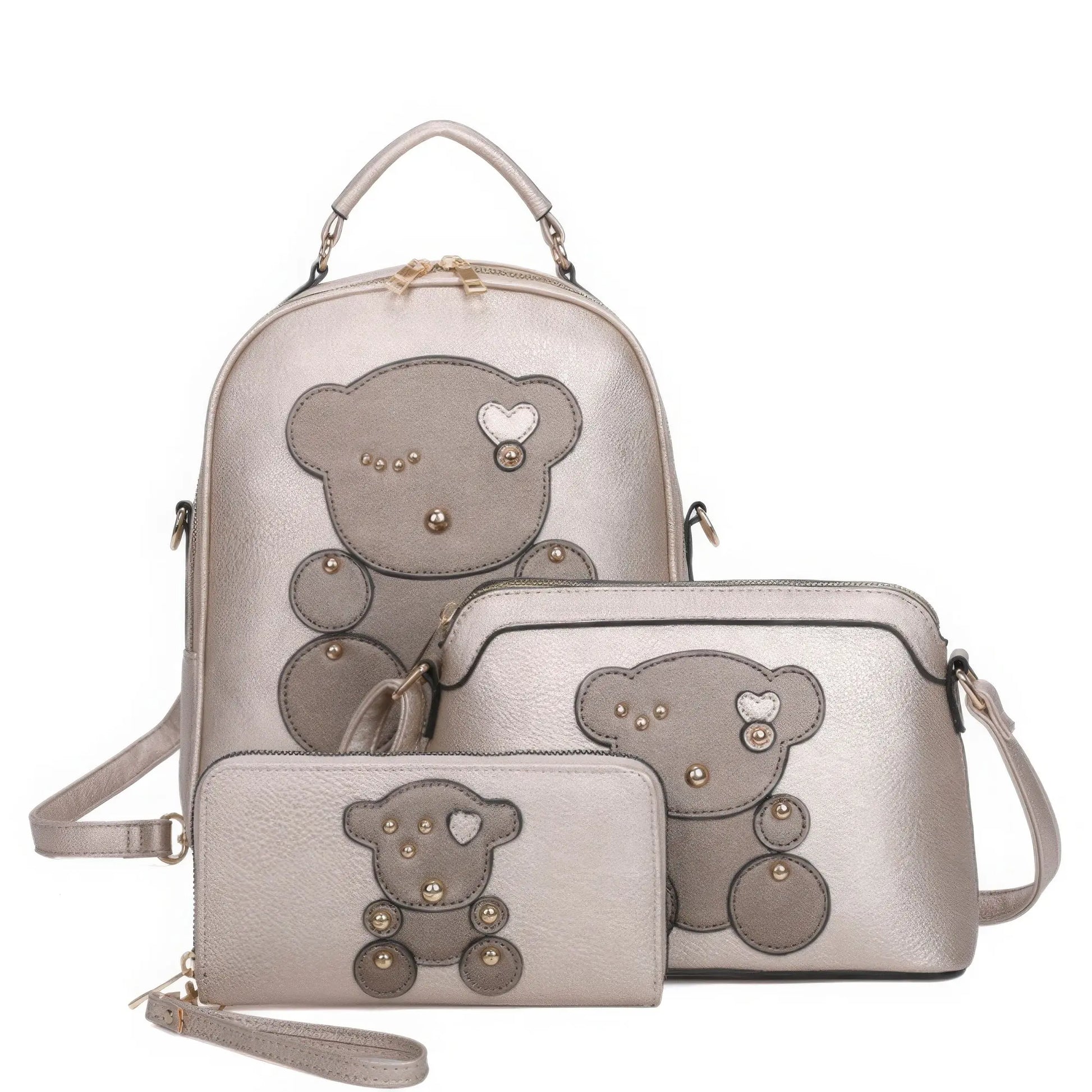 3in1 Cute Bear Design Handle Backpack W Crossbody And Wallet Set - Mr Lou’s Place