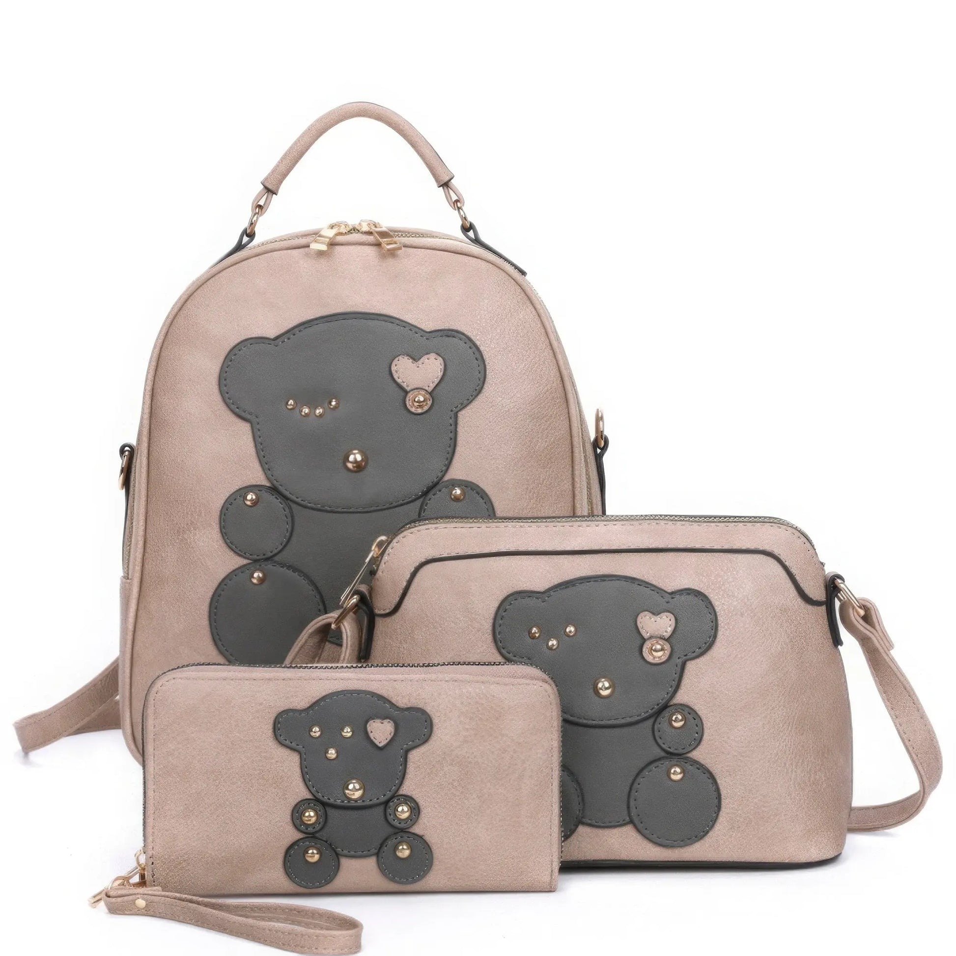 3in1 Cute Bear Design Handle Backpack W Crossbody And Wallet Set - Mr Lou’s Place