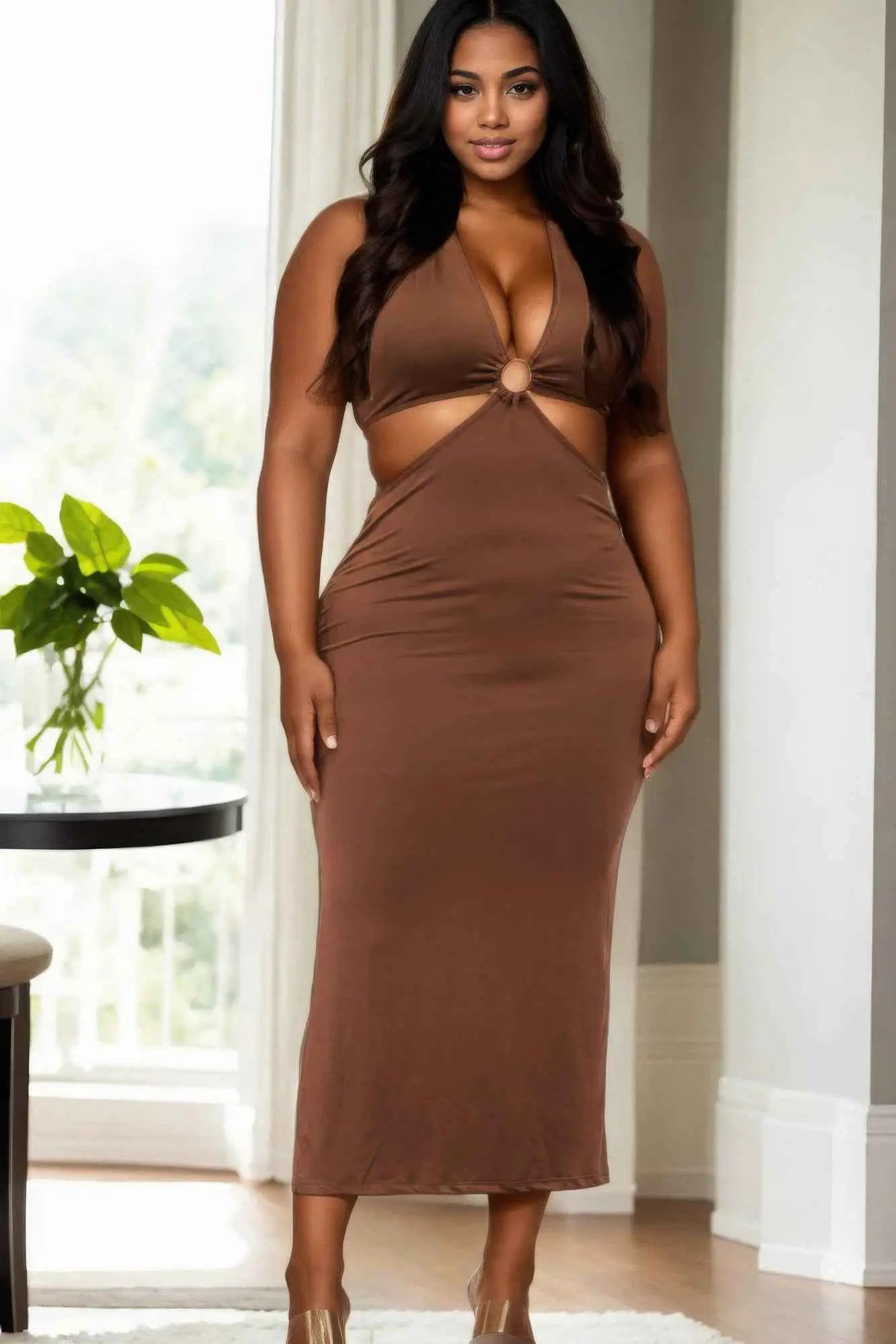 Plus Size Cut-out Halter Neck Double Back Tie Split Thigh Midi Dress - Mr Lou’s Place