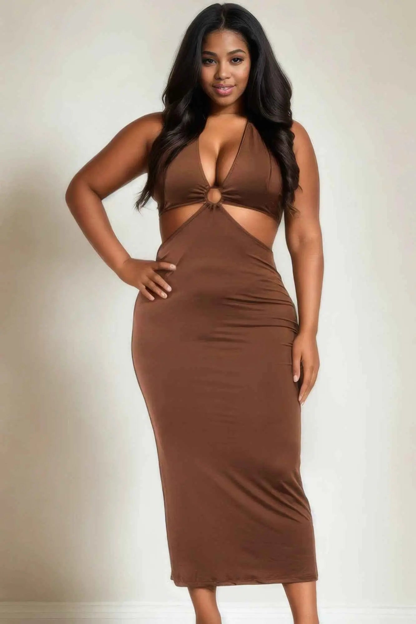 Plus Size Cut-out Halter Neck Double Back Tie Split Thigh Midi Dress - Mr Lou’s Place