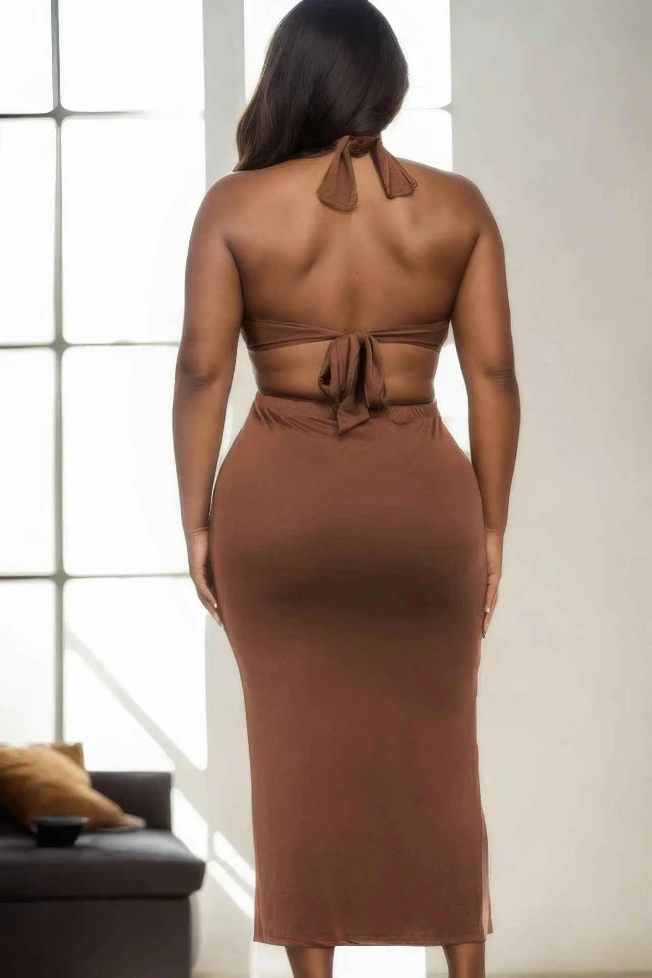 Plus Size Cut-out Halter Neck Double Back Tie Split Thigh Midi Dress - Mr Lou’s Place