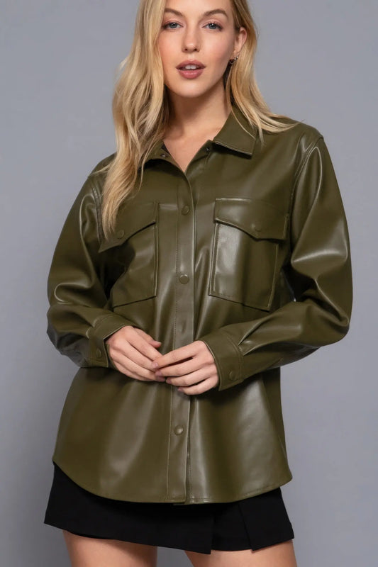 Long Slv Faux Leather Shacket - Mr Lou’s Place