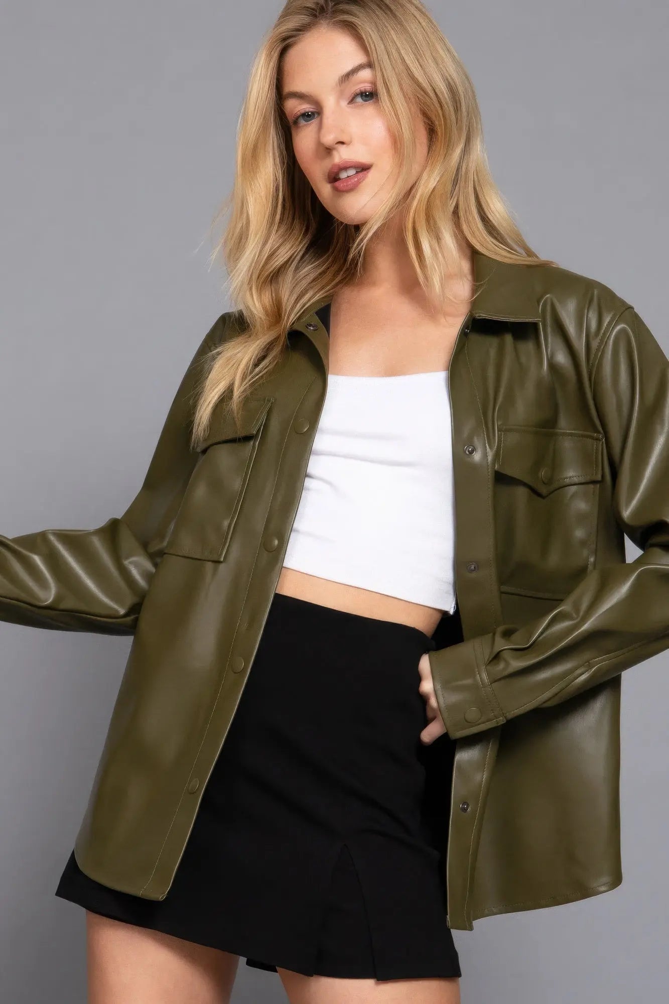 Long Slv Faux Leather Shacket - Mr Lou’s Place