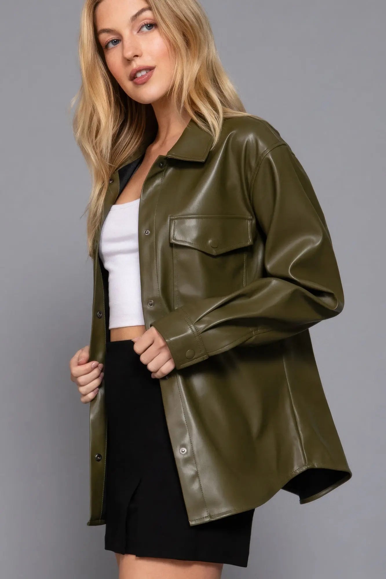 Long Slv Faux Leather Shacket - Mr Lou’s Place
