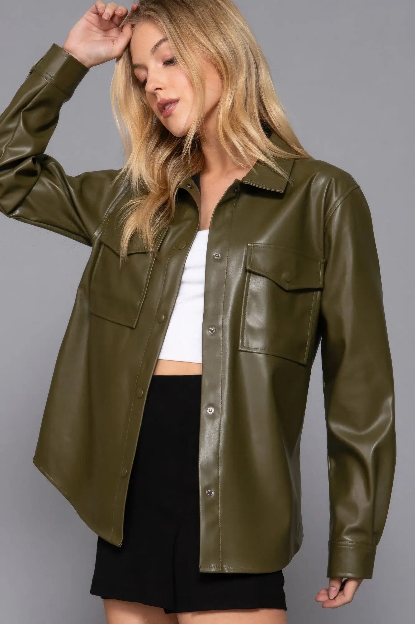 Long Slv Faux Leather Shacket - Mr Lou’s Place