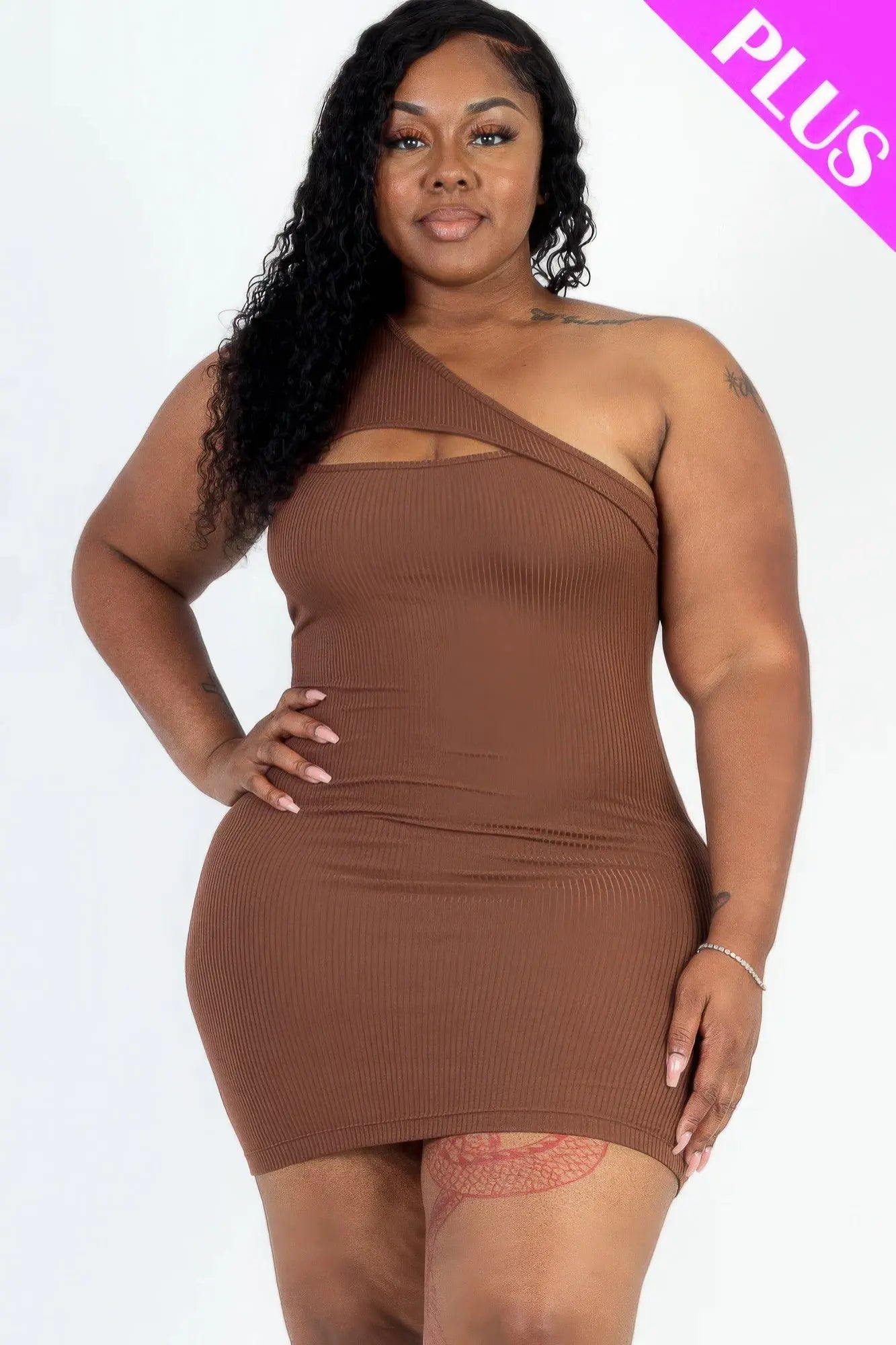Plus Size Ribbed One Shoulder Cutout Front Casual Mini Bodycon Dress - Mr Lou’s Place