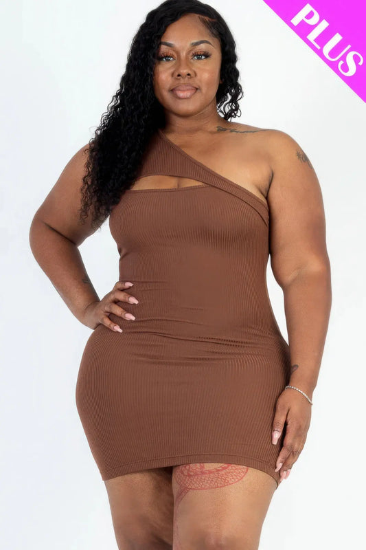 Plus Size Ribbed One Shoulder Cutout Front Casual Mini Bodycon Dress - Mr Lou’s Place