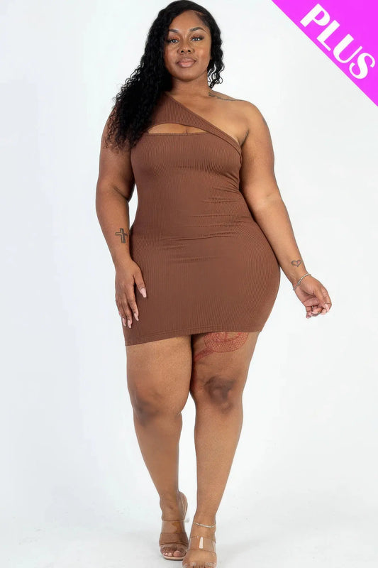Plus Size Ribbed One Shoulder Cutout Front Casual Mini Bodycon Dress - Mr Lou’s Place