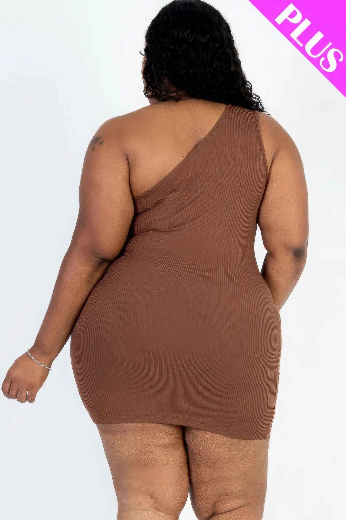 Plus Size Ribbed One Shoulder Cutout Front Casual Mini Bodycon Dress - Mr Lou’s Place
