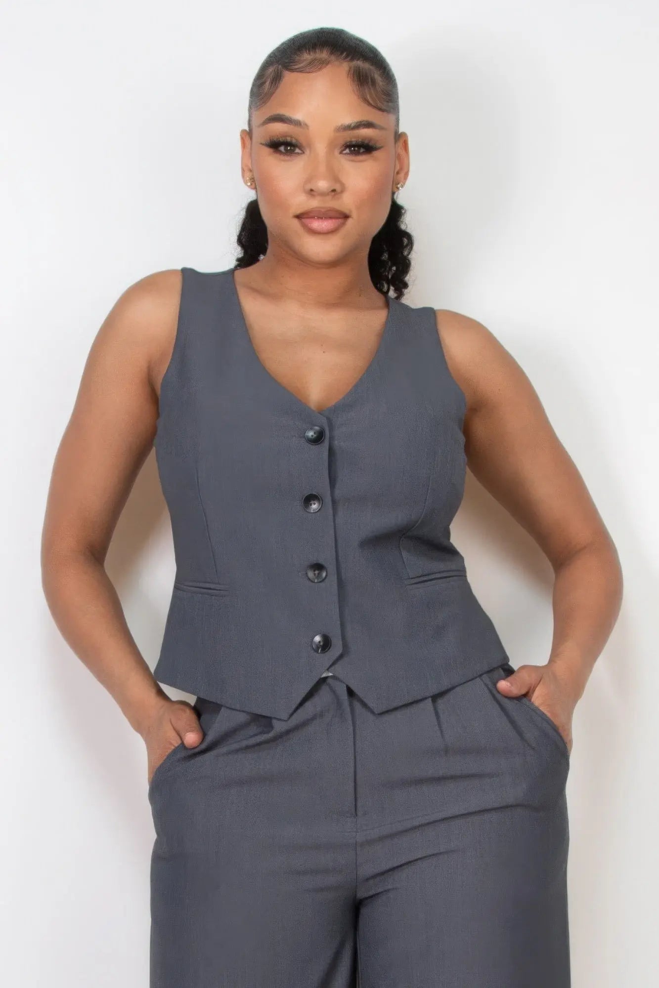 Buttoned Solid V-neck Vest Top - Mr Lou’s Place
