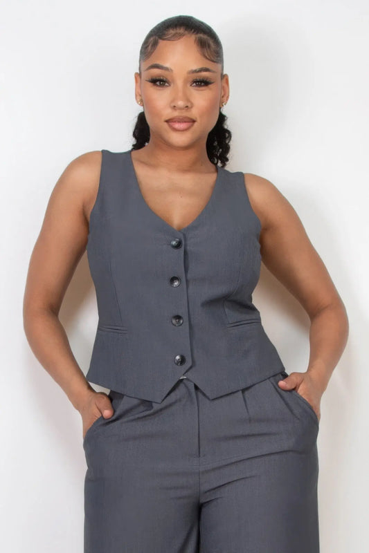 Buttoned Solid V-neck Vest Top - Mr Lou’s Place