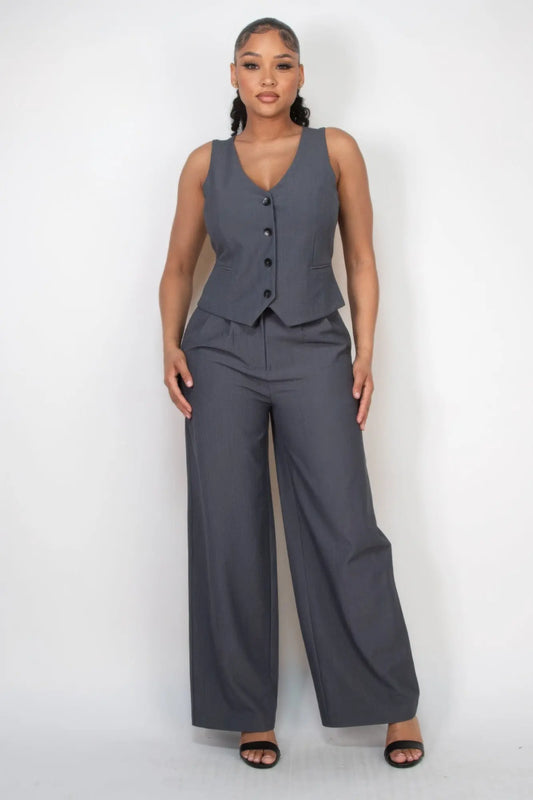 Buttoned Solid V-neck Vest Top - Mr Lou’s Place