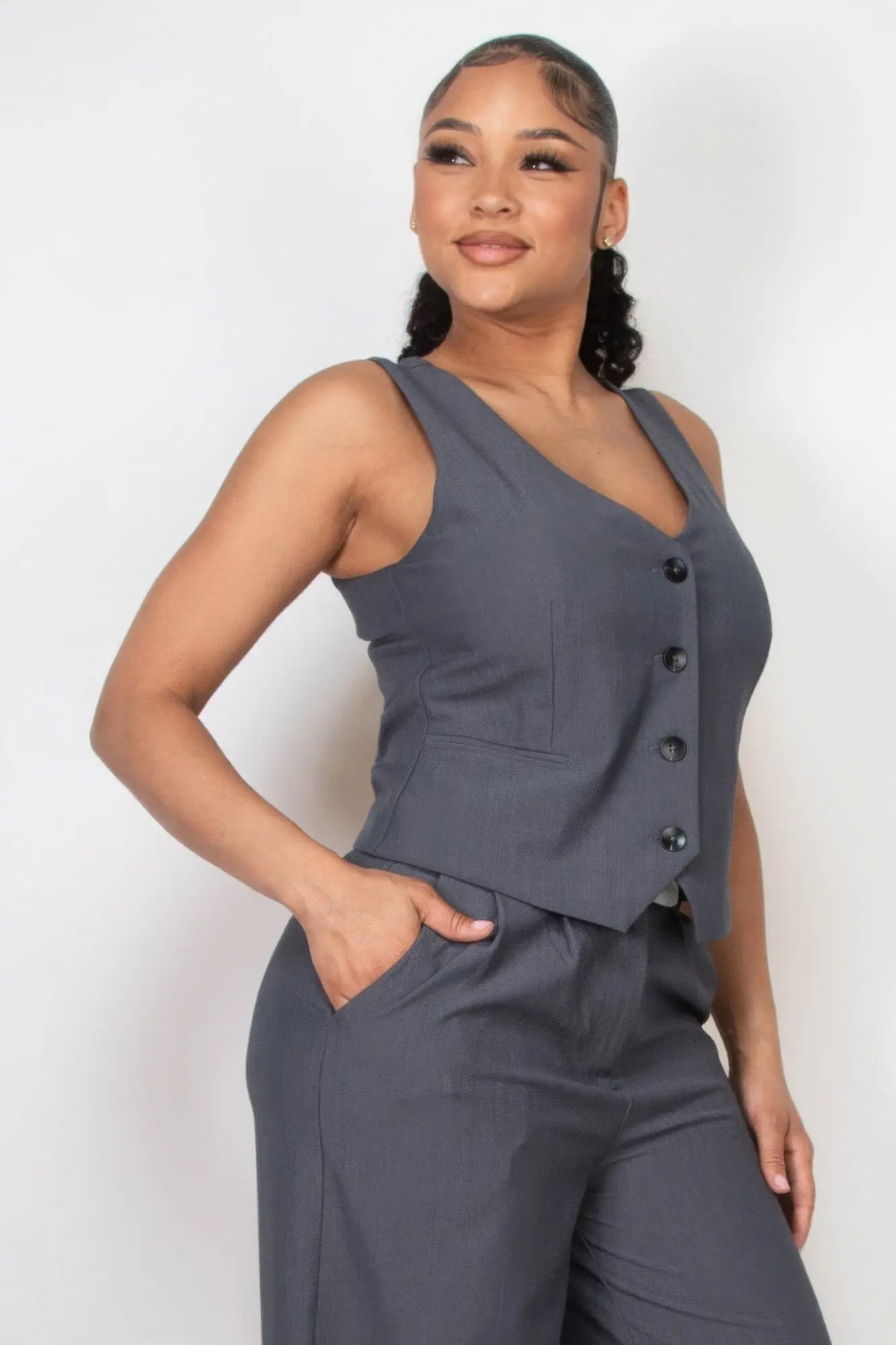 Buttoned Solid V-neck Vest Top - Mr Lou’s Place