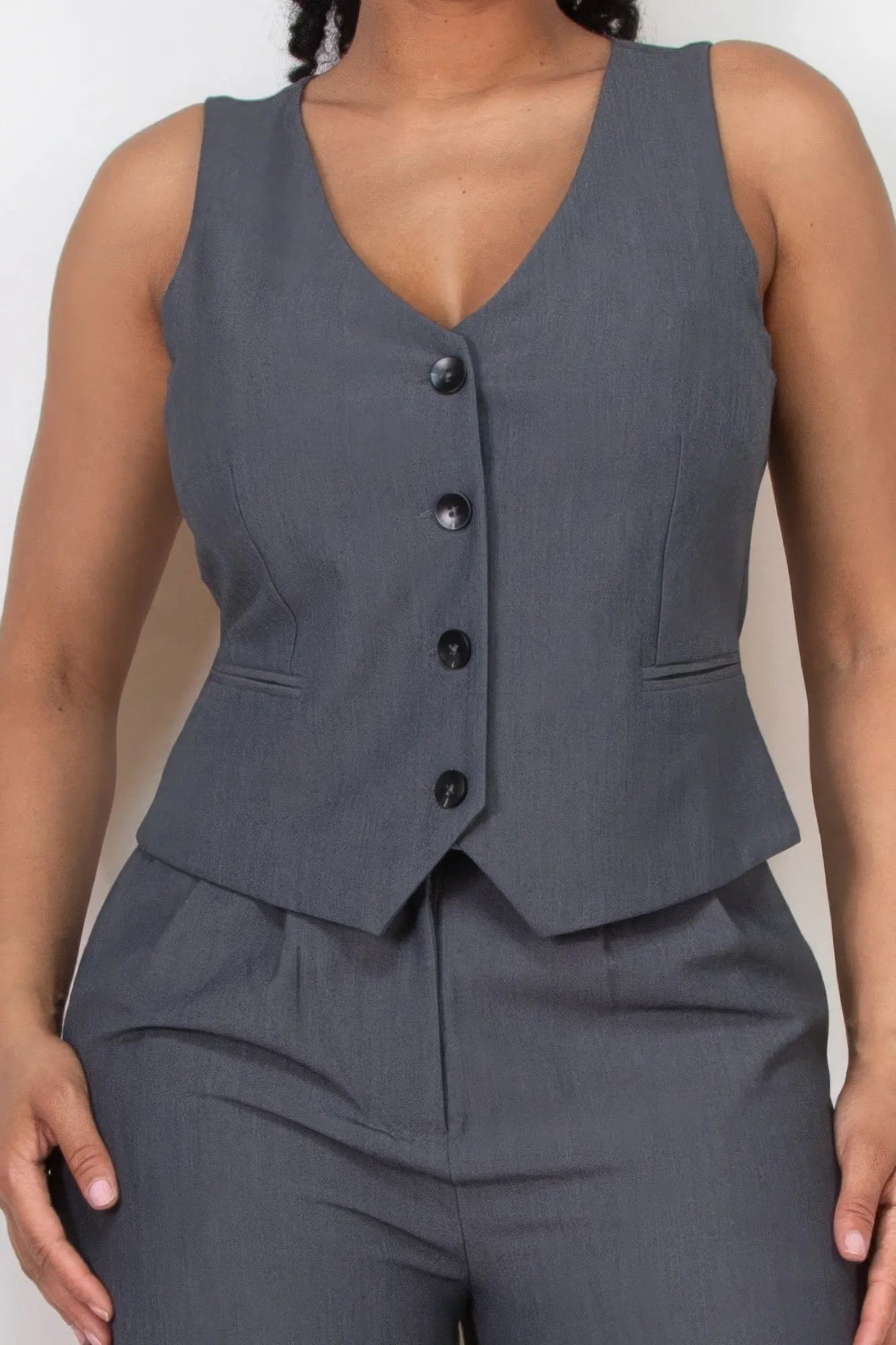Buttoned Solid V-neck Vest Top - Mr Lou’s Place