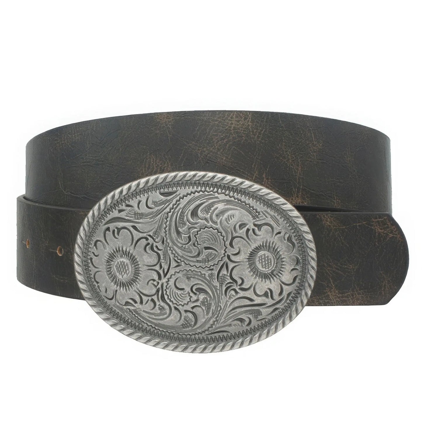 Flower Embossed Oval Buckle Vintage Strap Belt - Mr Lou’s Place