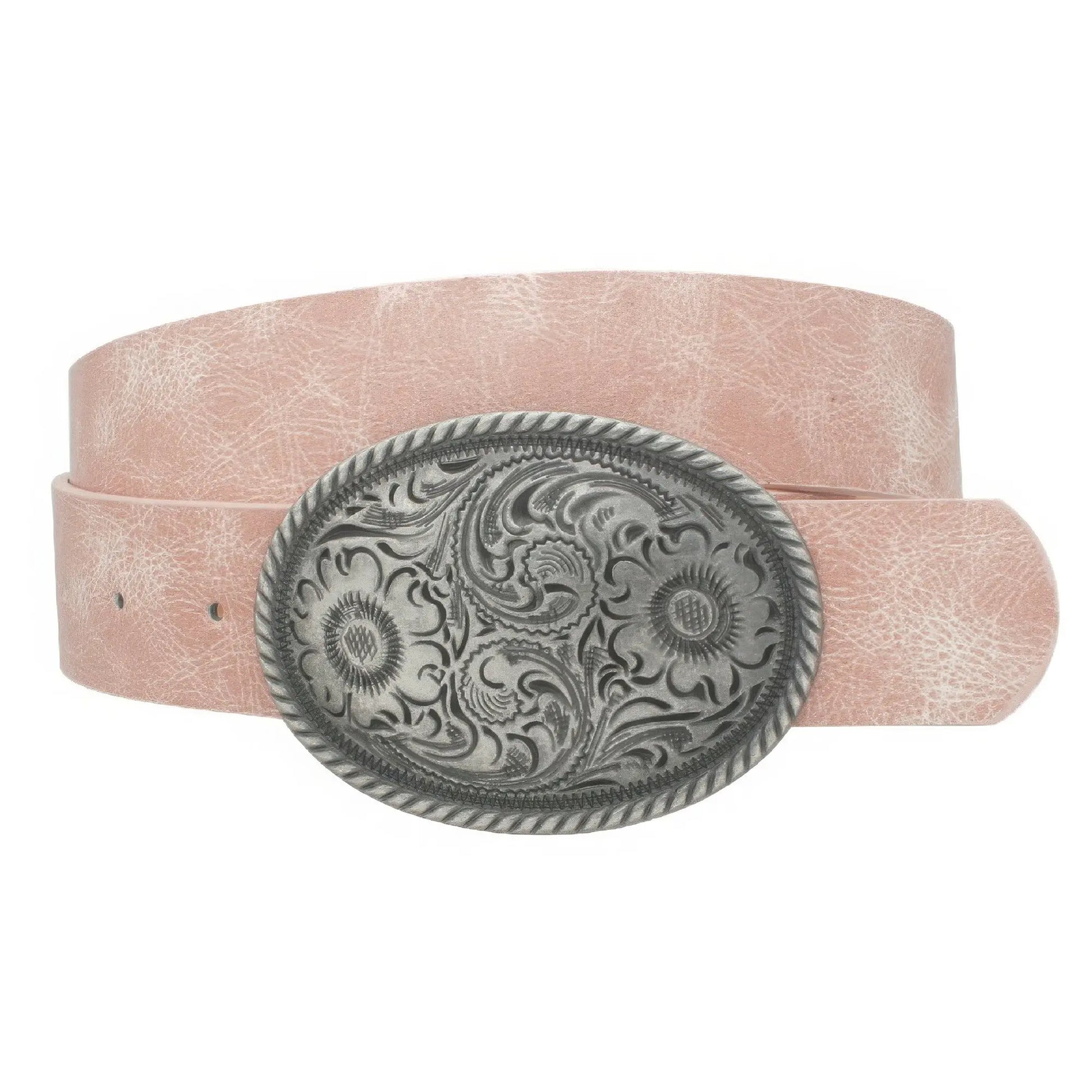 Flower Embossed Oval Buckle Vintage Strap Belt - Mr Lou’s Place