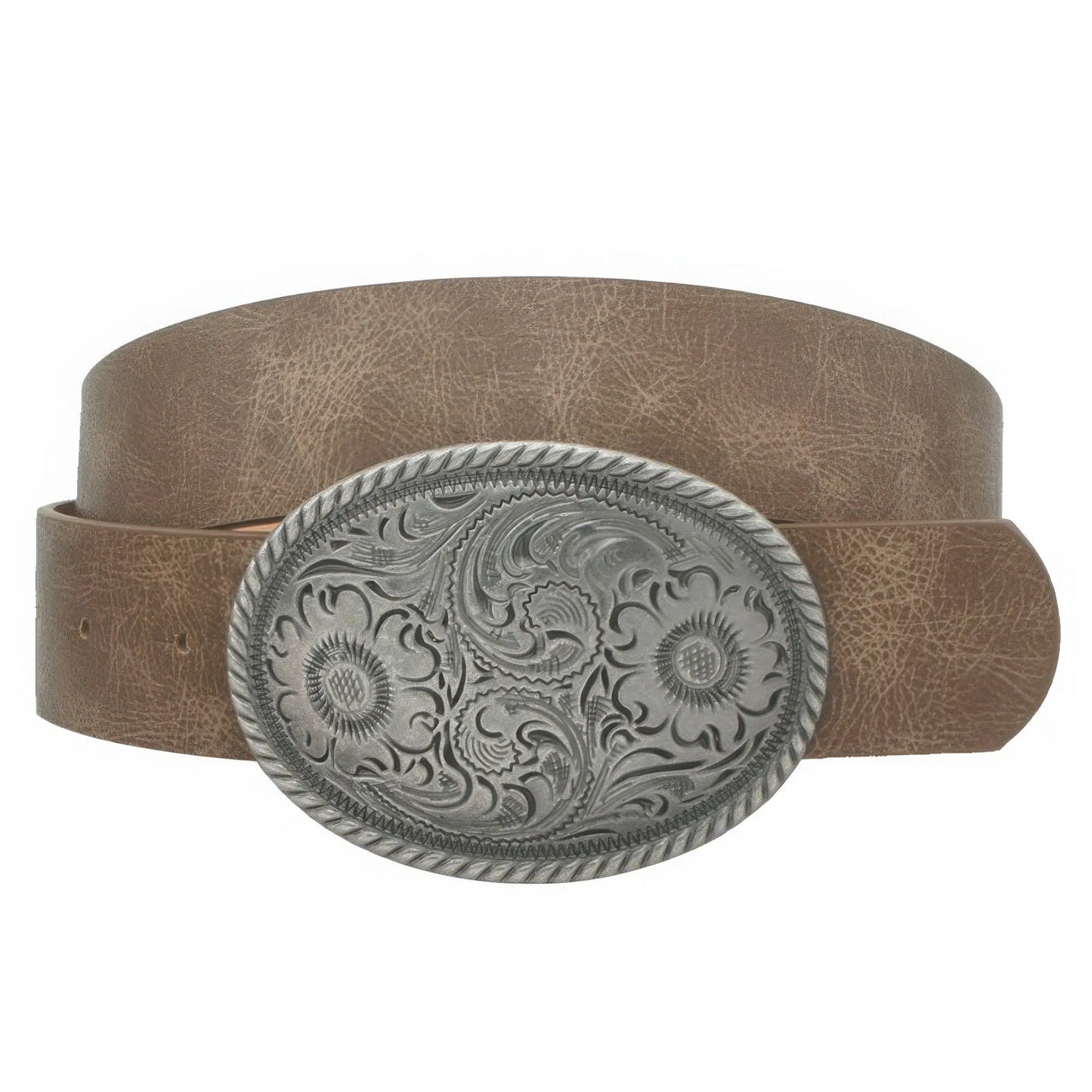 Flower Embossed Oval Buckle Vintage Strap Belt - Mr Lou’s Place