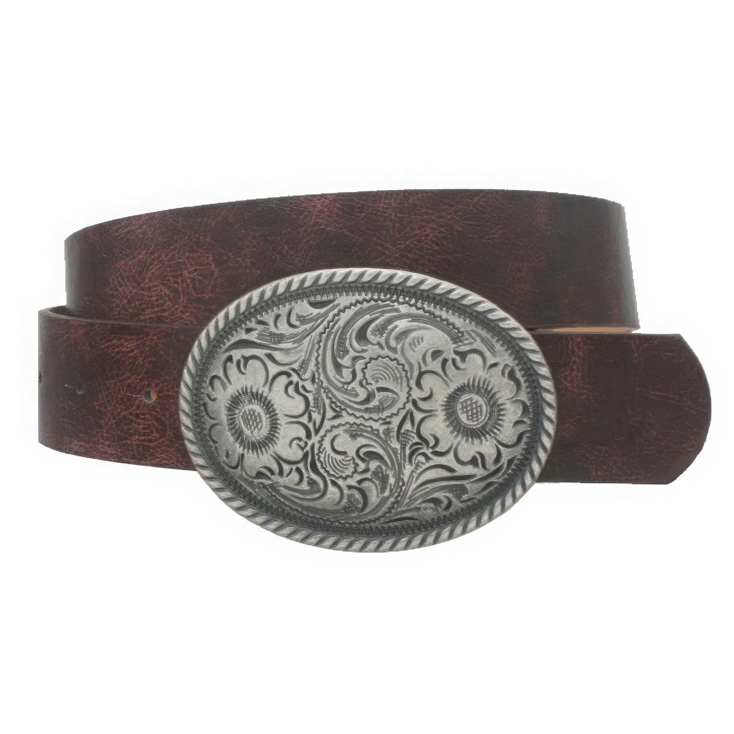Flower Embossed Oval Buckle Vintage Strap Belt - Mr Lou’s Place