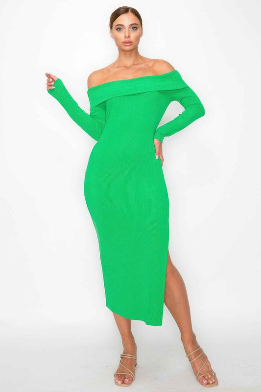 Off-shoulder Rib Midi Dress - Mr Lou’s Place