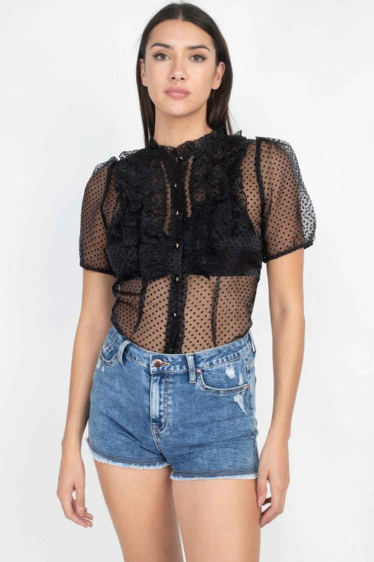 Sheer Ruffle-trim Dot Top - Mr Lou’s Place