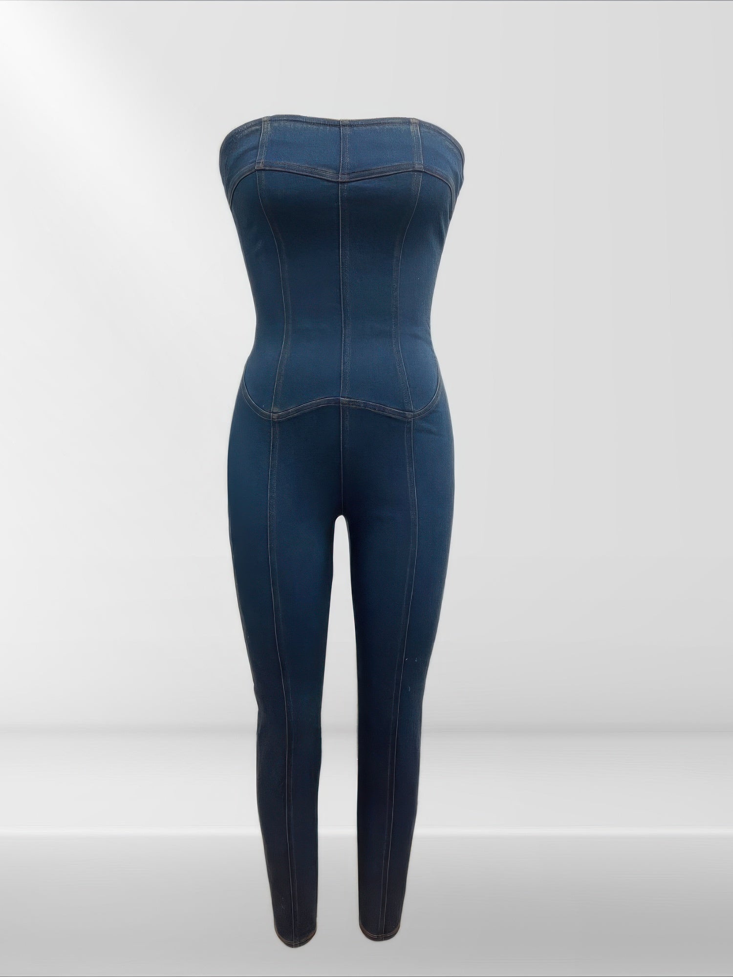 Strapless Denim Jumpsuit With Lace Up Back - Mr Lou’s Place