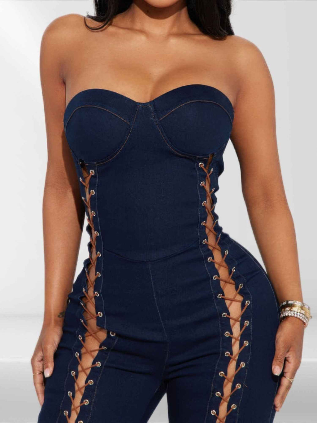 Lace Up Detail Denim Jumpsuit - Mr Lou’s Place